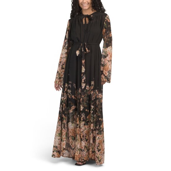 NANCY YANG Black Long Sleeve Printed Maxi Dress - Picture 1 of 2